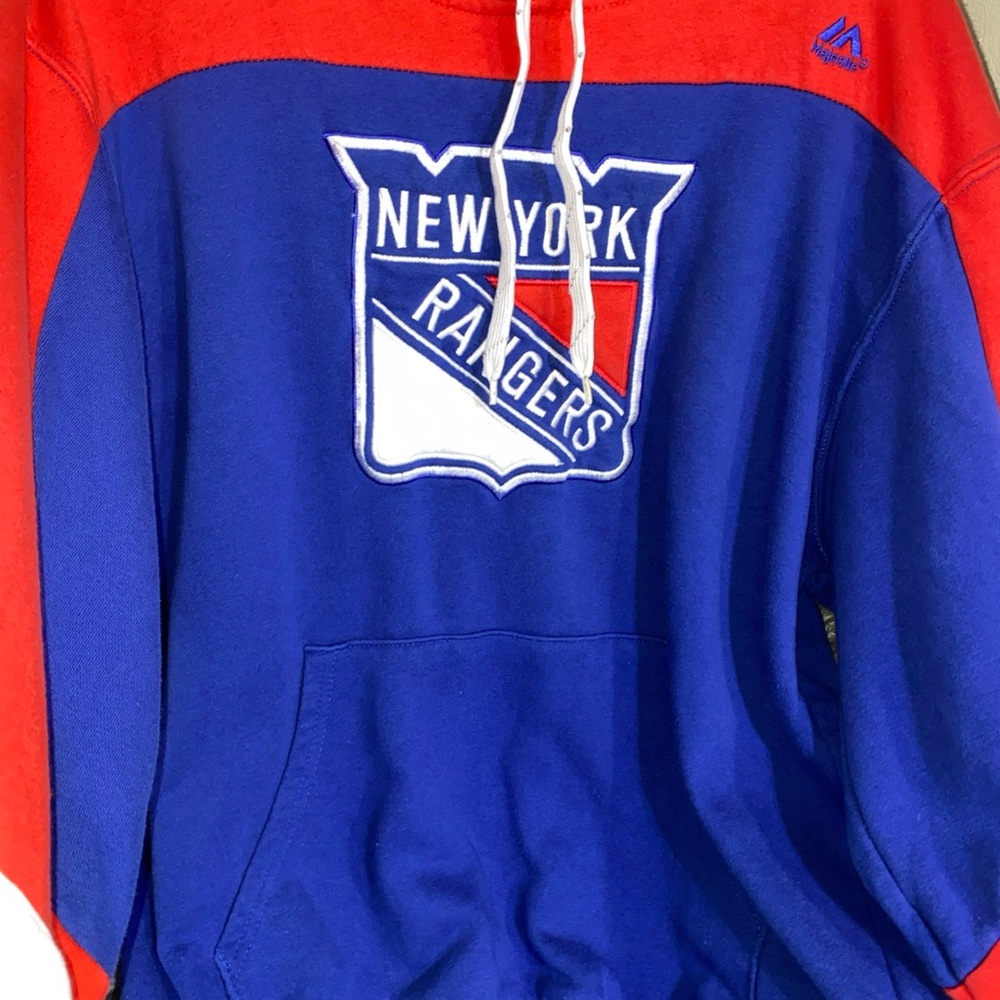 Majestic Hoodie Mens Medium Blue Red New York Rangers Ice Hockey Fleece Pullover